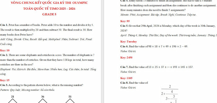 Đề thi Toán TIMO lớp 5 năm 2025 vòng quốc gia có đáp án