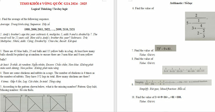 Đề thi Toán TIMO lớp 6 Vòng quốc gia năm 2024-2025