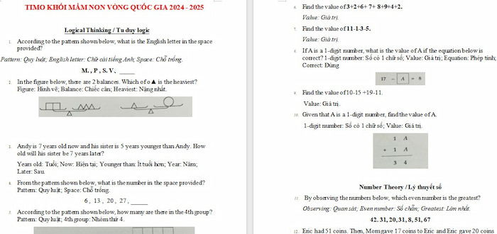 Đề thi Toán TIMO Mầm non Vòng Quốc gia năm 2024-2025