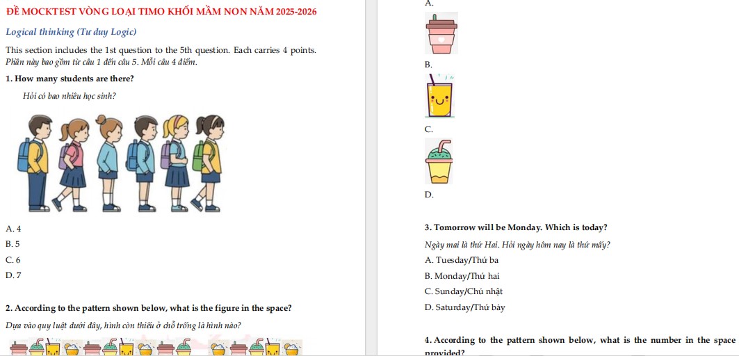 Đề thi thử Toán TIMO Mầm non năm 2025-2026
