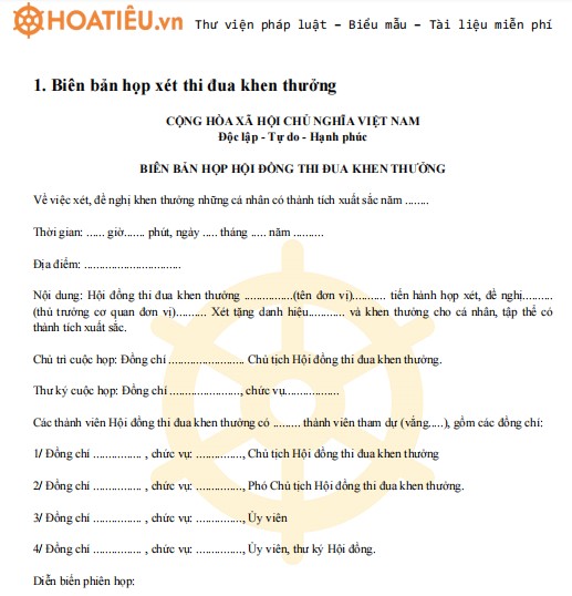 Biên bản họp hội đồng thi đua khen thưởng