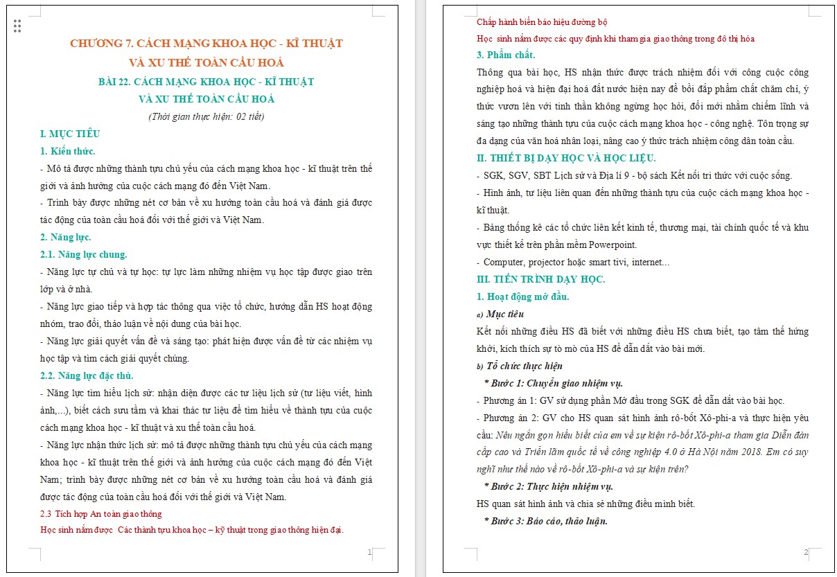 Bài dạy Lịch sử 9 tích hợp ATGT