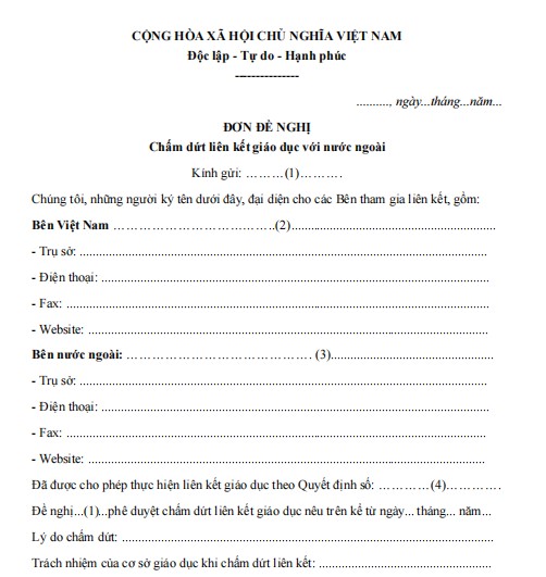 Mẫu đơn đề nghị về việc chấm dứt liên kết giáo dục với nước ngoài