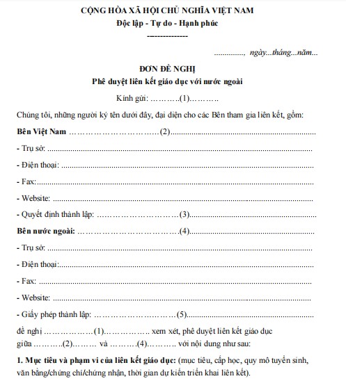 Mẫu đơn xin phê duyệt liên kết giáo dục với nước ngoài