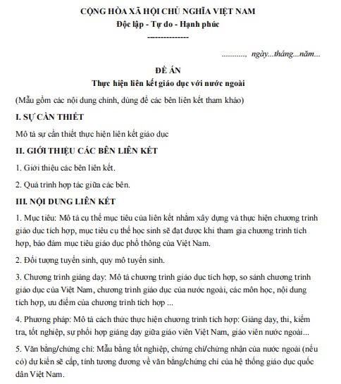 Mẫu đề án về việc thực hiện liên kết giáo dục với nước ngoài