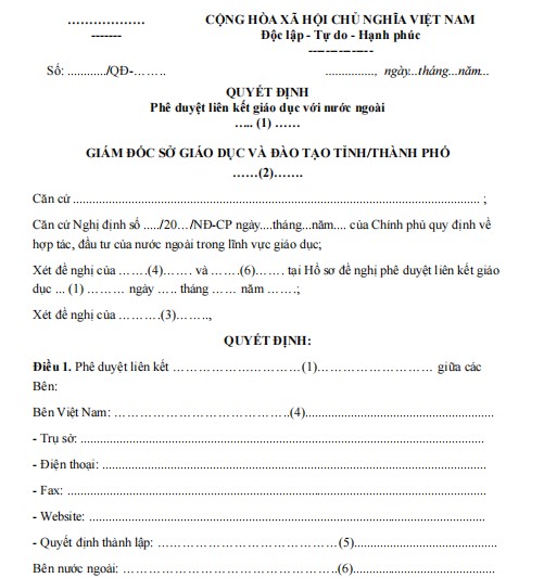 Mẫu quyết định về việc phê duyệt liên kết giáo dục với nước ngoài