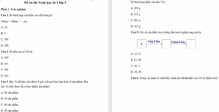 Đề ôn thi học kì 1 Toán 3 Cánh Diều