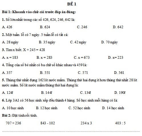 Đề ôn tập cuối kì 1 Toán lớp 3