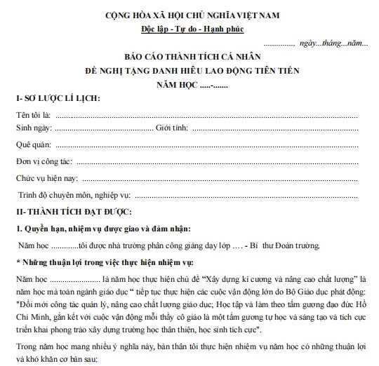 Báo cáo thành tích cá nhân của giáo viên Mẫu báo cáo thành tích cá nhân của giáo viên