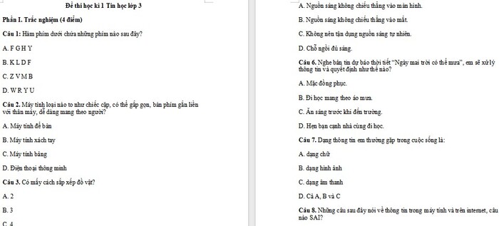 Đề thi Tin học lớp 3 học kì 1 Cánh Diều