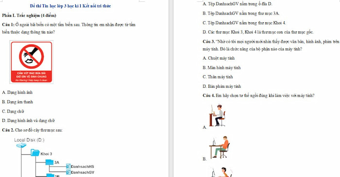 Đề thi học kì 1 môn Tin học lớp 3 sách Kết nối tri thức