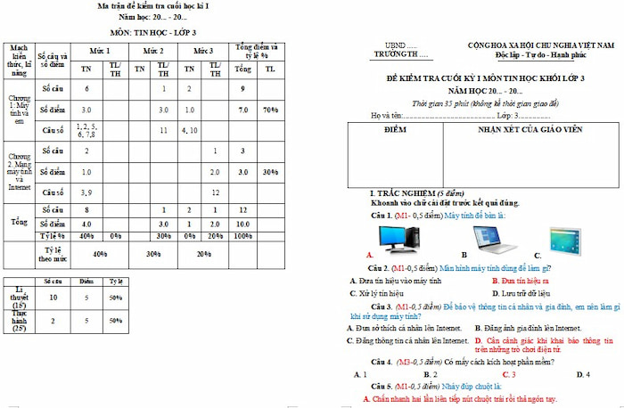 Đề thi học kì 1 môn Tin học lớp 3 sách Kết nối tri thức