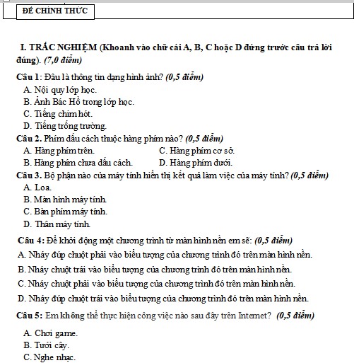 Đề thi học kì 1 môn Tin học lớp 3 sách Kết nối tri thức