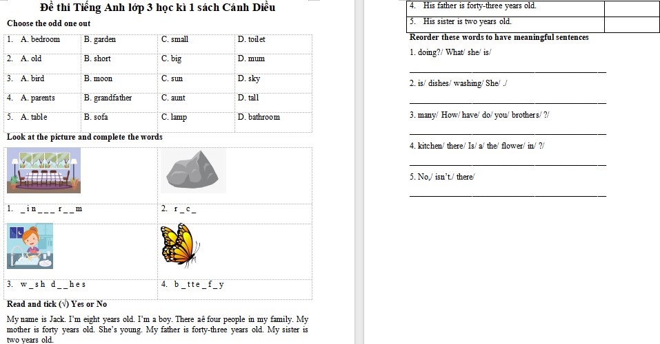 Đề thi học kì 1 Tiếng Anh 3 Explore Our World