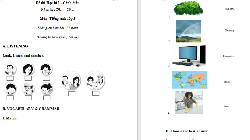Đề thi học kì 1 Tiếng Anh 3 Explore Our World