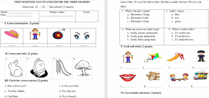 Đề thi học kì 1 Tiếng Anh lớp 3 Family and Friends