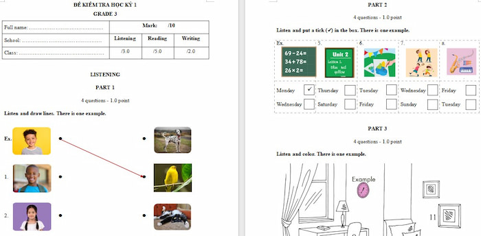 Đề thi học kì 1 Tiếng Anh 3 iLearn Smart Start