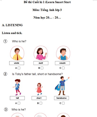 Đề thi học kì 1 Tiếng Anh 3 iLearn Smart Start