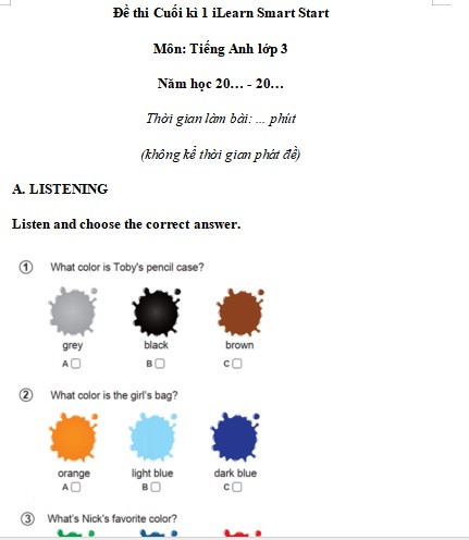 Đề thi học kì 1 Tiếng Anh 3 iLearn Smart Start