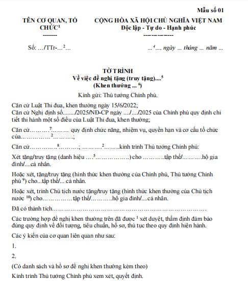 Tờ trình đề nghị khen thưởng