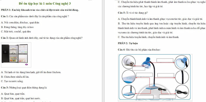 Đề ôn thi cuối kì 1 môn Công nghệ lớp 3 CTST