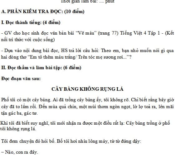 Đề thi học kì 1 lớp 4 sách Kết nối môn Tiếng Việt