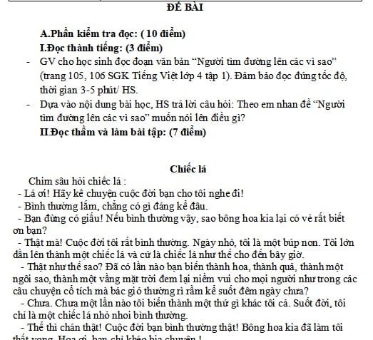 Đề thi học kì 1 lớp 4 sách Kết nối môn Tiếng Việt