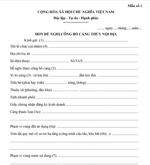 Mẫu đơn đề nghị công bố cảng thủy nội địa