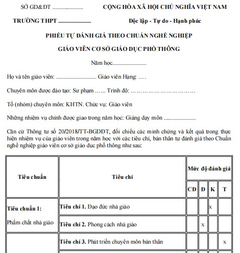 Mẫu phiếu tự đánh giá theo chuẩn nghề nghiệp giáo viên cơ sở giáo dục phổ thông