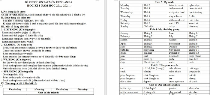 Đề cương ôn tập học kì 1 Tiếng Anh 4 Global Success