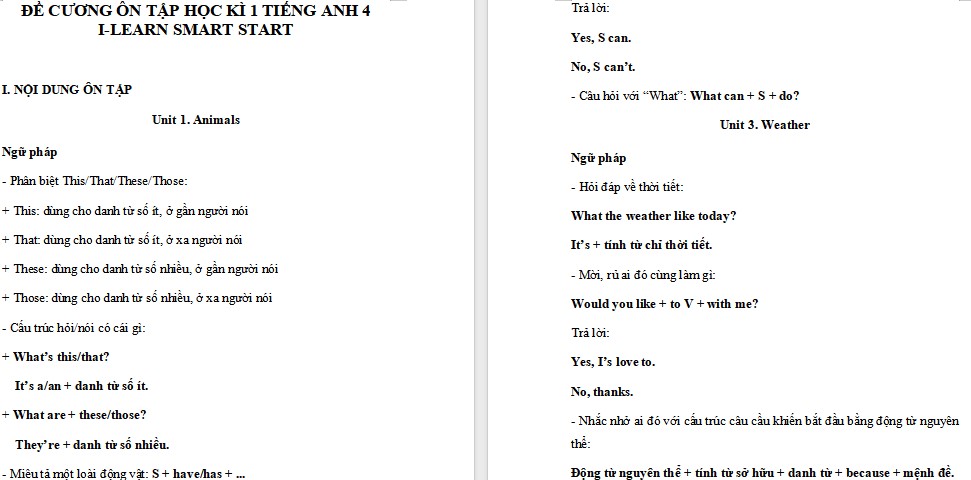 Đề cương ôn tập học kì 1 Tiếng Anh 4 i-Learn Smart Start
