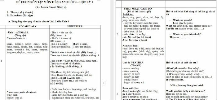 Đề cương ôn tập học kì 1 Tiếng Anh 4 i-Learn Smart Start