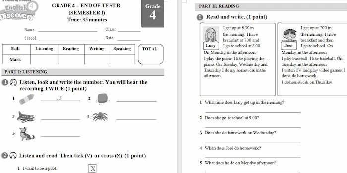 Đề thi học kì 1 Tiếng Anh lớp 4 Discovery