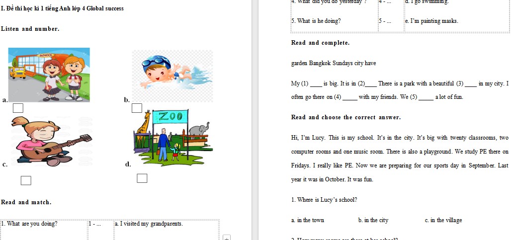 Đề thi Tiếng Anh lớp 4 kì 1 Global Success