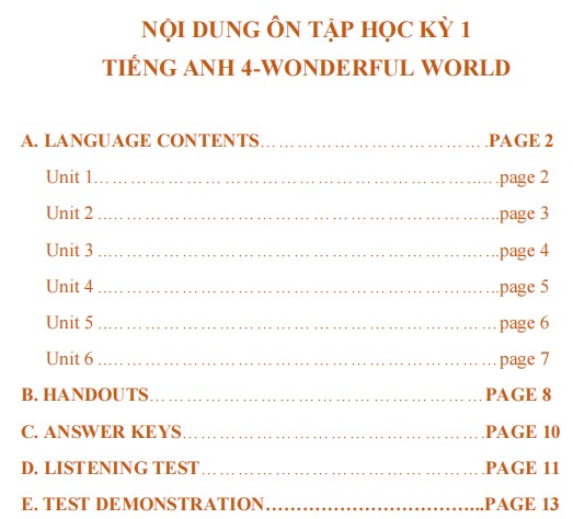 Đề cương ôn tập học kì 1 Tiếng Anh 4 Wonderful World