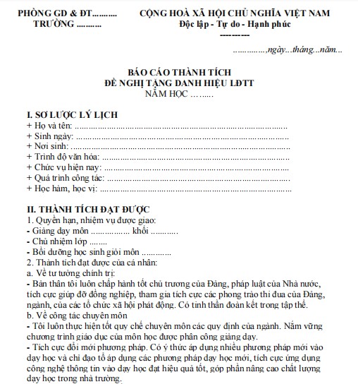 Mẫu báo cáo thành tích cá nhân cuối năm học của giáo viên THCS