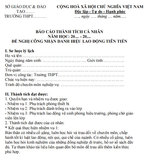 Mẫu báo cáo thành tích cá nhân cuối năm học của giáo viên THPT