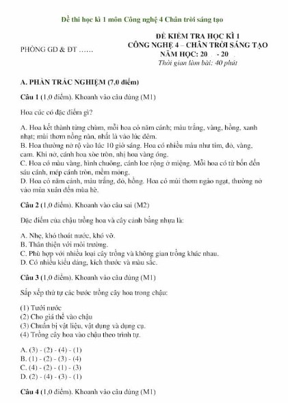 de thi hoc ki 1 mon cong nghe lop 4 chan troi sang tao 4*504771