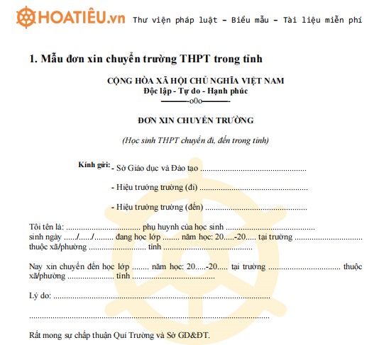Mẫu đơn xin chuyển trường cấp 3