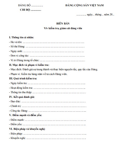 Mẫu biên bản kiểm tra Đảng viên