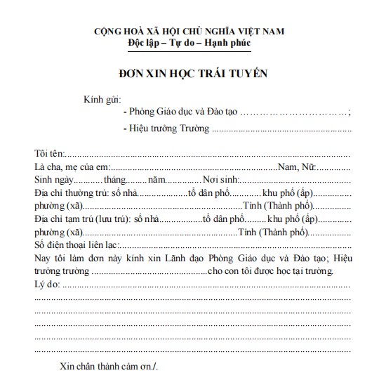 Mẫu đơn xin đi học cấp 2 trái tuyến