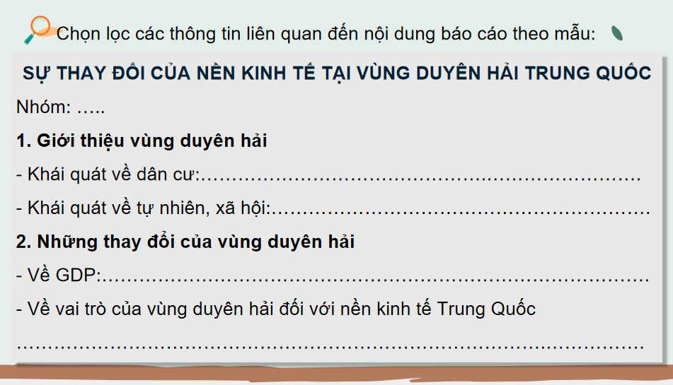 PowerPoint Địa lí 11 Bài 28: Thực hành viết báo cáo về sự thay đổi của kinh tế vùng duyên hải Trung Quốc