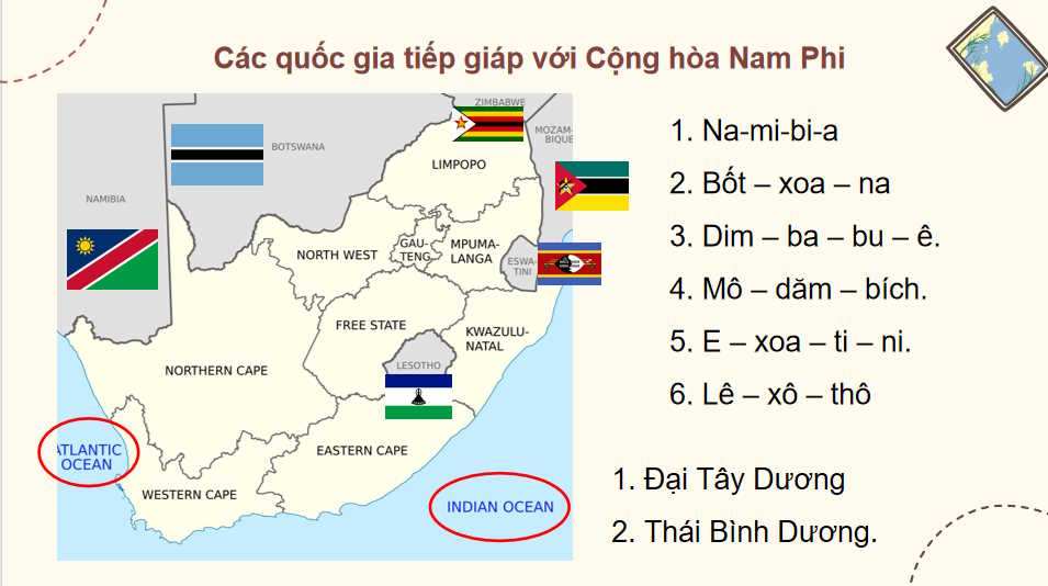 PowerPoint Địa lí 11 Bài 30: Vị trí địa lí điều kiện tự nhiên dân cư và xã hội Cộng hòa Nam Phi