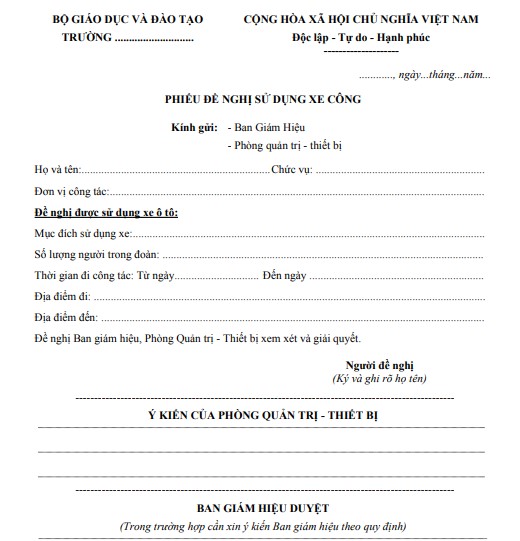 Mẫu phiếu đề nghị sử dụng xe công