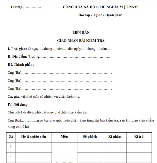 Mẫu biên bản giao nhận bài kiểm tra