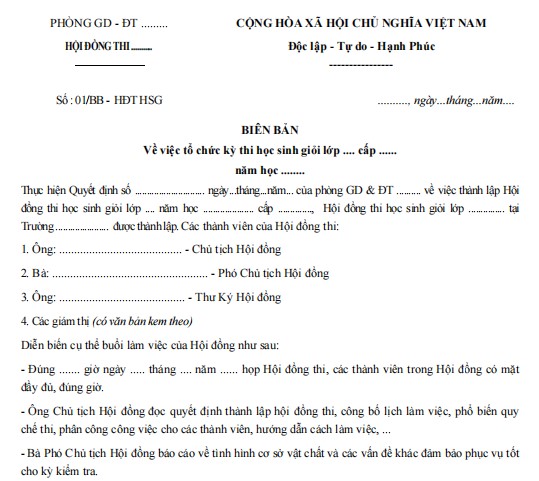 Mẫu biên bản về việc tổ chức kỳ thi học sinh giỏi năm học 2017-2018