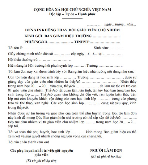Mẫu đơn xin không thay đổi giáo viên chủ nhiệm