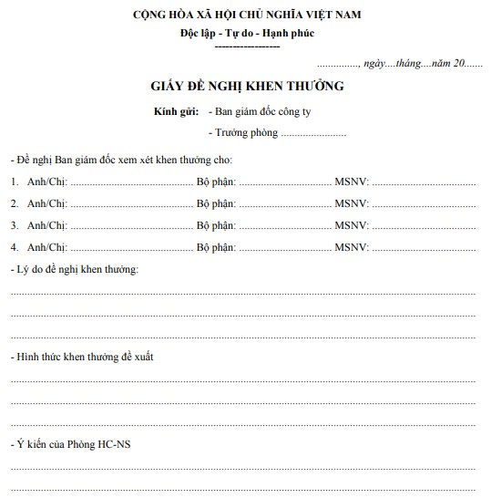 Mẫu giấy đề nghị khen thưởng