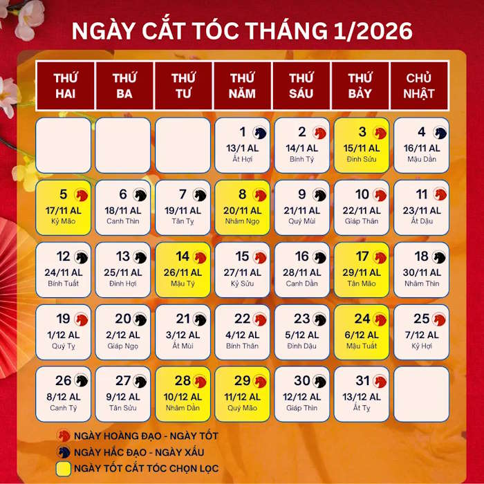 Lịch cắt tóc tháng 1 2026
