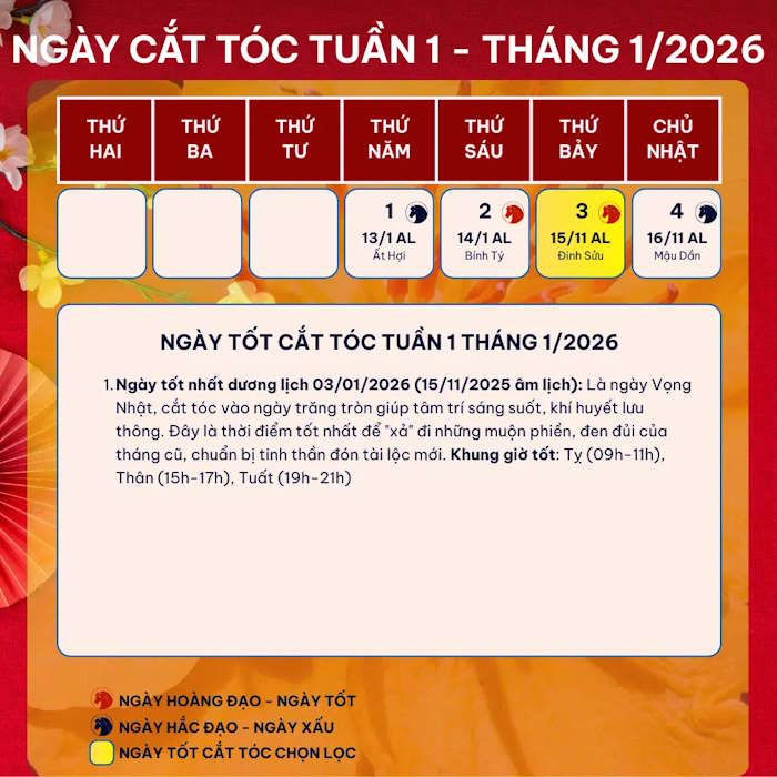 Ngày đẹp cắt tóc tháng 1/2026 Tuần 1